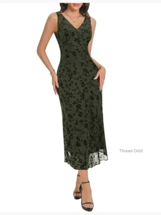 Sleeveless V-Neck Mesh Maxi Dress, Floral Casual Elegant Long Dress - Picture 3 of 7